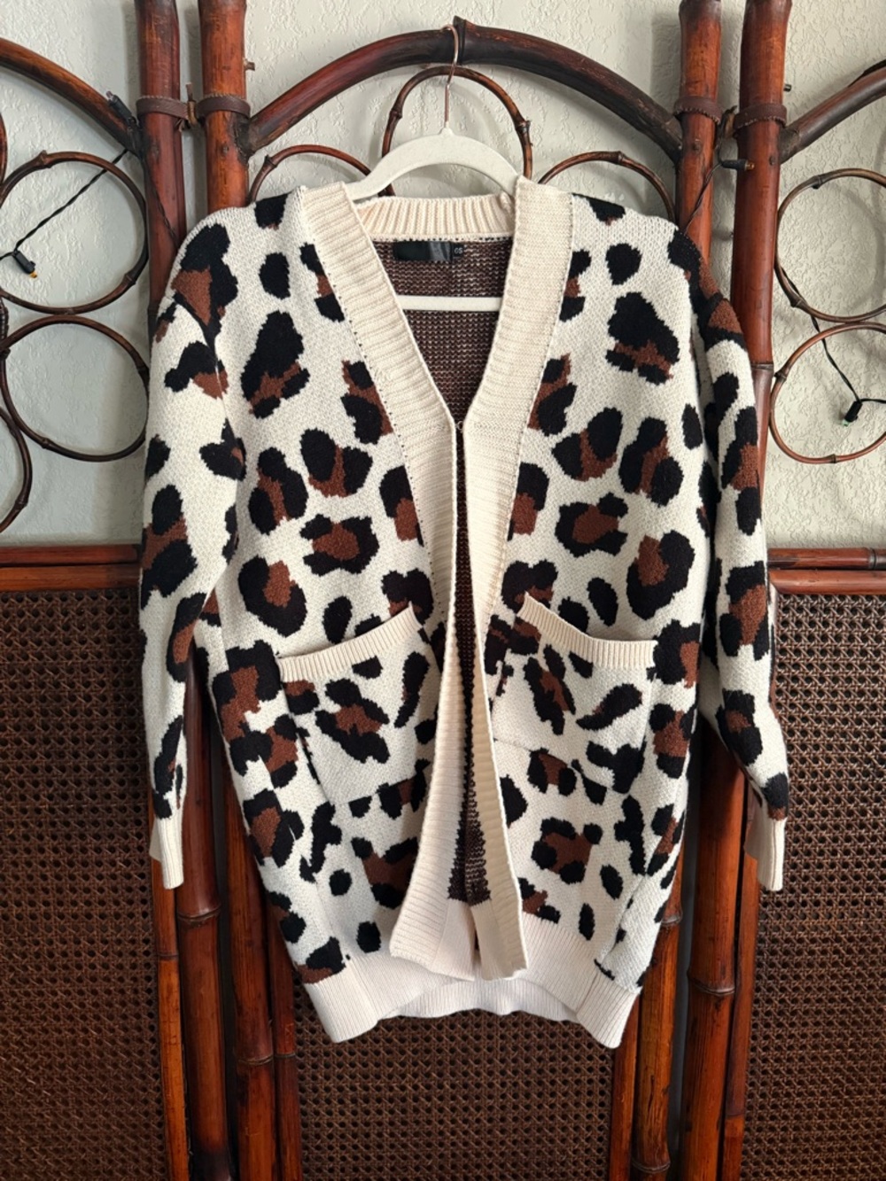 Cream Leopard Print Open Front Cardigan with Pockets